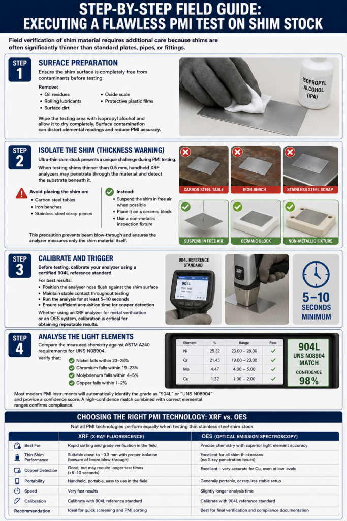 Infographic of SS 904L shim using PMI testing showing the step-by-step field guide for executing a PMI test on ultra-thin SS 904L shim stock, including surface preparation and an XRF vs OES comparison table.